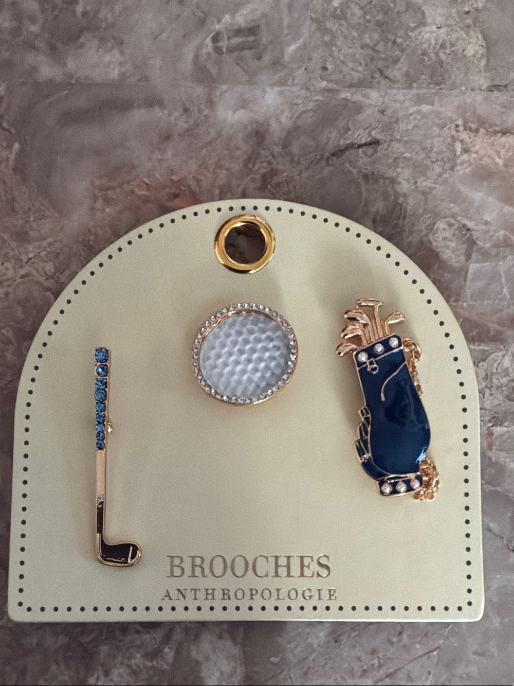 Anthropologie Gold-Tone Golf Brooch Trio in Navy, White, and Blue